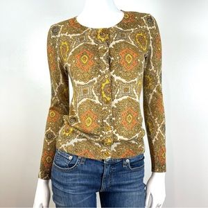 Talbots Women's S Petite Gold Metallic Medallion Cotton Blend Cardigan Sweater